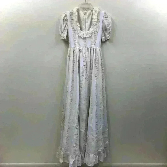 Vintage Homespun Gunne Sax Style 1970s Striped Cottagecore Floral Prairie Dress - Picture 1 of 16
